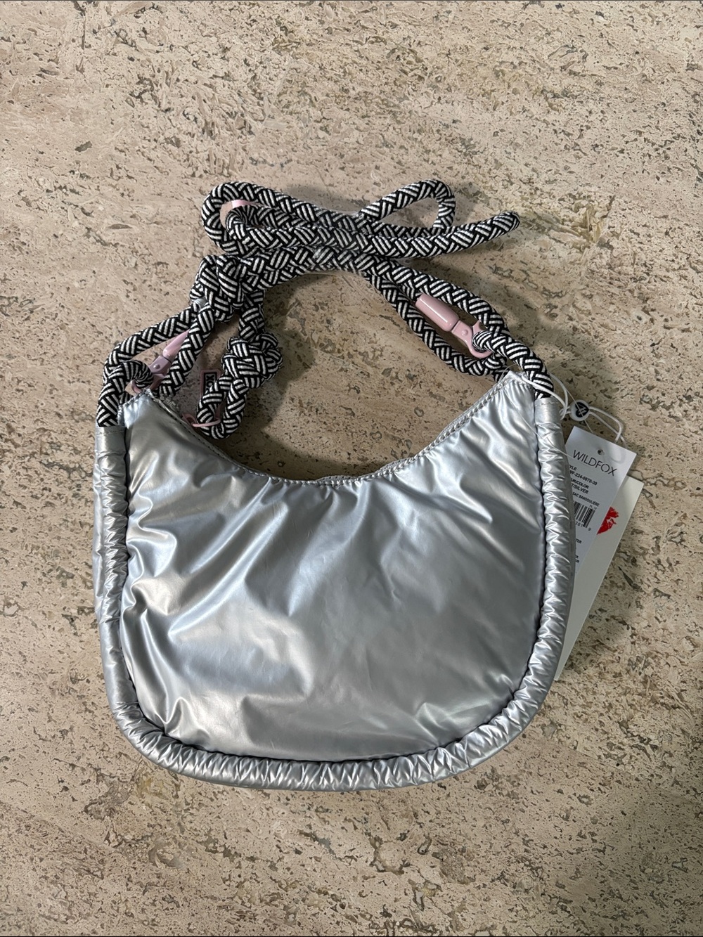 Wildfox Metallic Silver Crescent Shoulder Bag with Black-and-White Rope Strap
